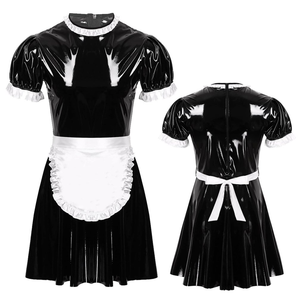 Mens Male Sissy Maid Dress Cosplay Costume Sexy Clubwear Puff Sleeve Wetlook Latex Maid Servant Uniform Flared Dress with Apron,Black,XXL