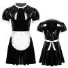 Mens Male Sissy Maid Dress Cosplay Costume Sexy Clubwear Puff Sleeve Wetlook Latex Maid Servant Uniform Flared Dress with Apron,Black,XXL view 1