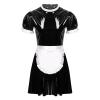 Mens Male Sissy Maid Dress Cosplay Costume Sexy Clubwear Puff Sleeve Wetlook Latex Maid Servant Uniform Flared Dress with Apron,Black,XXL view 2