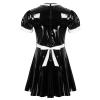 Mens Male Sissy Maid Dress Cosplay Costume Sexy Clubwear Puff Sleeve Wetlook Latex Maid Servant Uniform Flared Dress with Apron,Black,XXL view 3