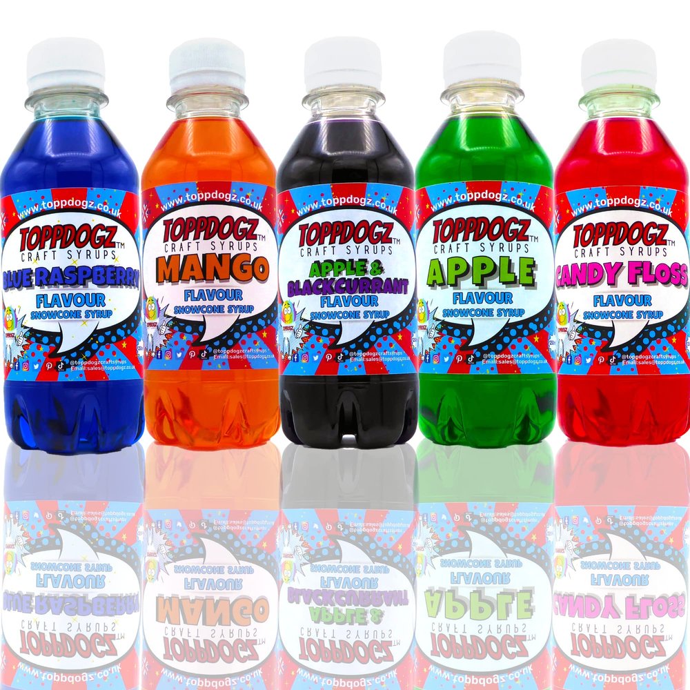 ToppDogz Slush Syrup|Snow Cone Syrup|Slushy| 5x Pack Blue Raspberry, Mango, Candy Floss, Apple and Apple & Blackcurrant slushie