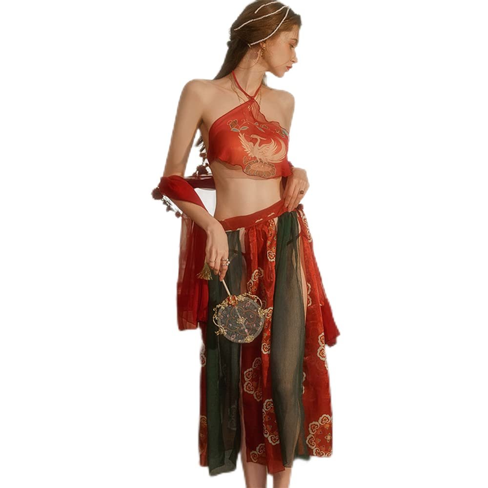 Temptshow Women's Sexy Chinese Style Perspective Lingerie Cosplay Women's Embroidered Hanfu Dress (red)