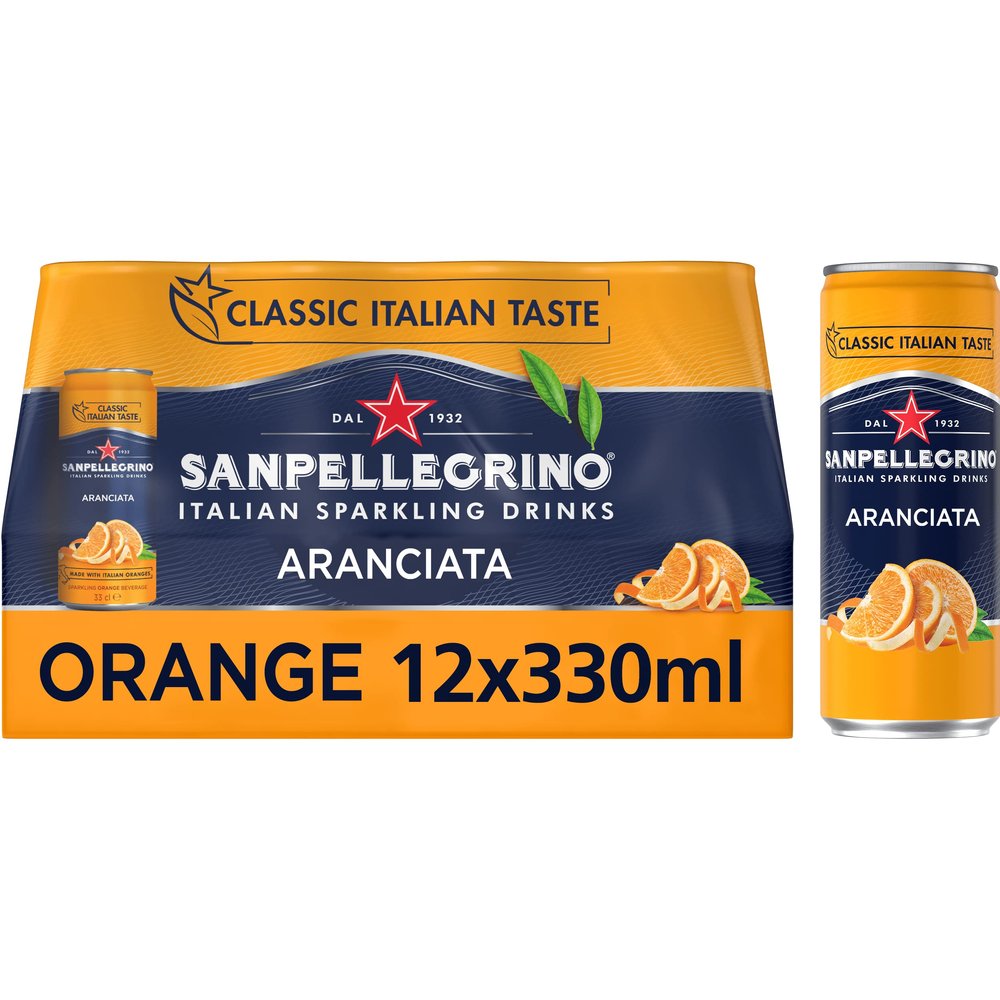 San Pellegrino Italian Sparkling Drinks Classic Taste Original Sparkling Orange Canned Soft Drink 12 x 330ml