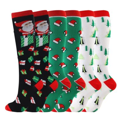 Christmas Compression Socks for Women & Men (3 Pairs) 20-30 mmHg Knee High Long Tube Stockings for Running, Nursing, Hiking, Travel, Flight