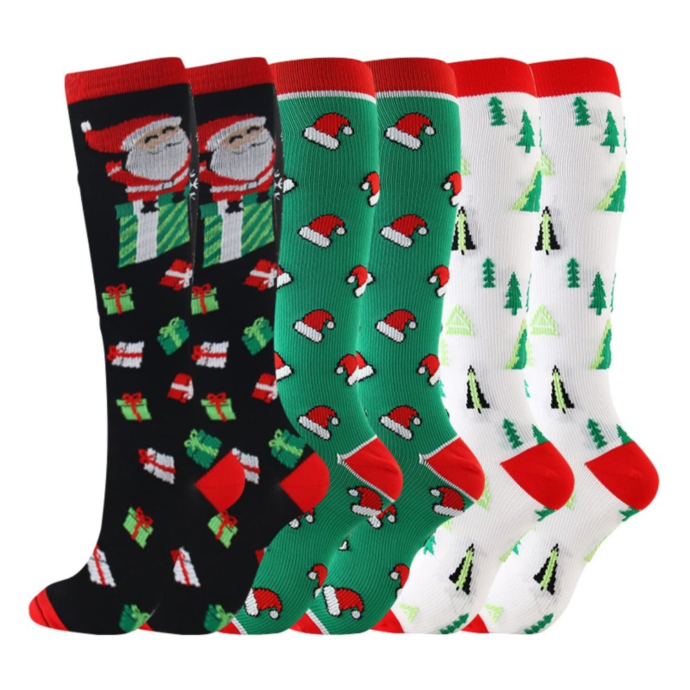 Christmas Compression Socks for Women & Men (3 Pairs) 20-30 mmHg Knee High Long Tube Stockings for Running, Nursing, Hiking, Travel, Flight