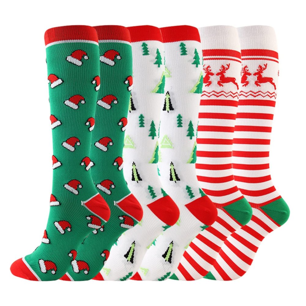 Christmas Compression Socks for Women & Men (3 Pairs) 20-30 mmHg Knee High Long Tube Stockings for Running, Nursing, Hiking, Travel, Flight