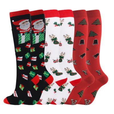 Christmas Compression Socks for Women & Men (3 Pairs) 20-30 mmHg Knee High Long Tube Stockings for Running, Nursing, Hiking, Travel, Flight