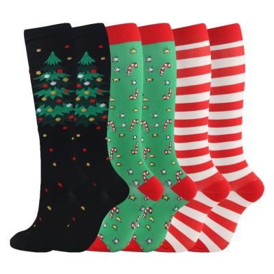 Christmas Compression Socks for Women & Men (3 Pairs) 20-30 mmHg Knee High Long Tube Stockings for Running, Nursing, Hiking, Travel, Flight