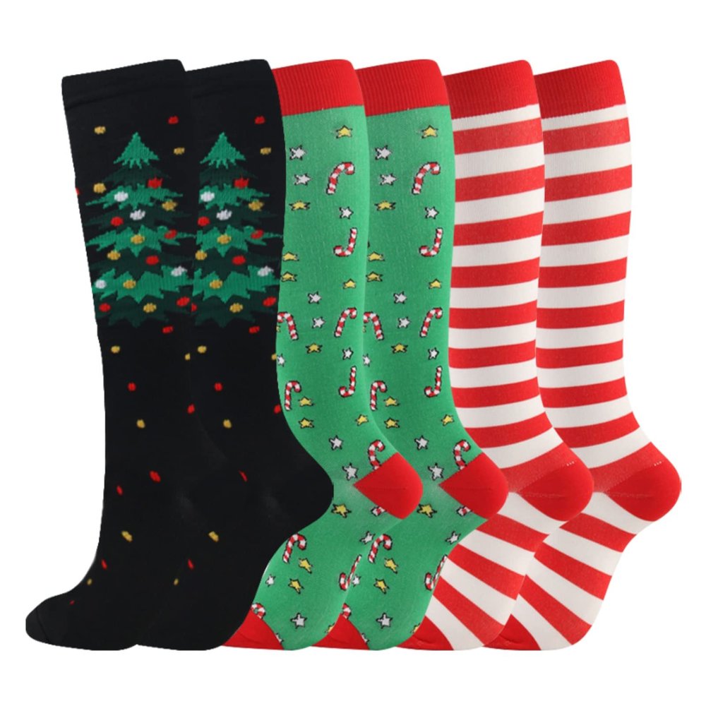 Christmas Compression Socks for Women & Men (3 Pairs) 20-30 mmHg Knee High Long Tube Stockings for Running, Nursing, Hiking, Travel, Flight