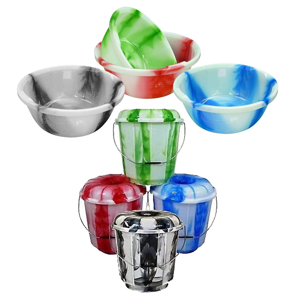 1 x 10 Plastic Tie Dye Basin Dish Washing Up Bowl Mixing Bowl and 1 x 3L Litre Plastic Tie Dye Multipurpose Bucket with Lid and Carry Metal Handle for Food Storage Kitchen Pantry (Random Colours)