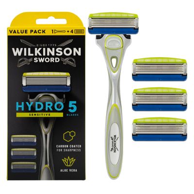 Wilkinson Sword Hydro5 Skin Protection Sensitive - Special Pack - 1 Handle, 4 Refill Blades (5-Blade, Moisturizing Gel, Sensitive Skin, Men's)