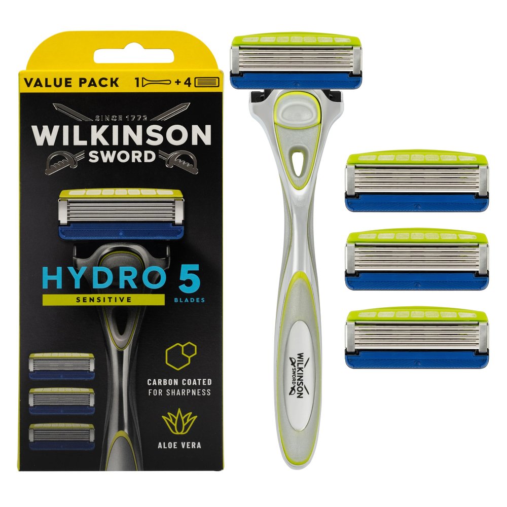 Wilkinson Sword Hydro5 Skin Protection Sensitive - Special Pack - 1 Handle, 4 Refill Blades (5-Blade, Moisturizing Gel, Sensitive Skin, Men's)