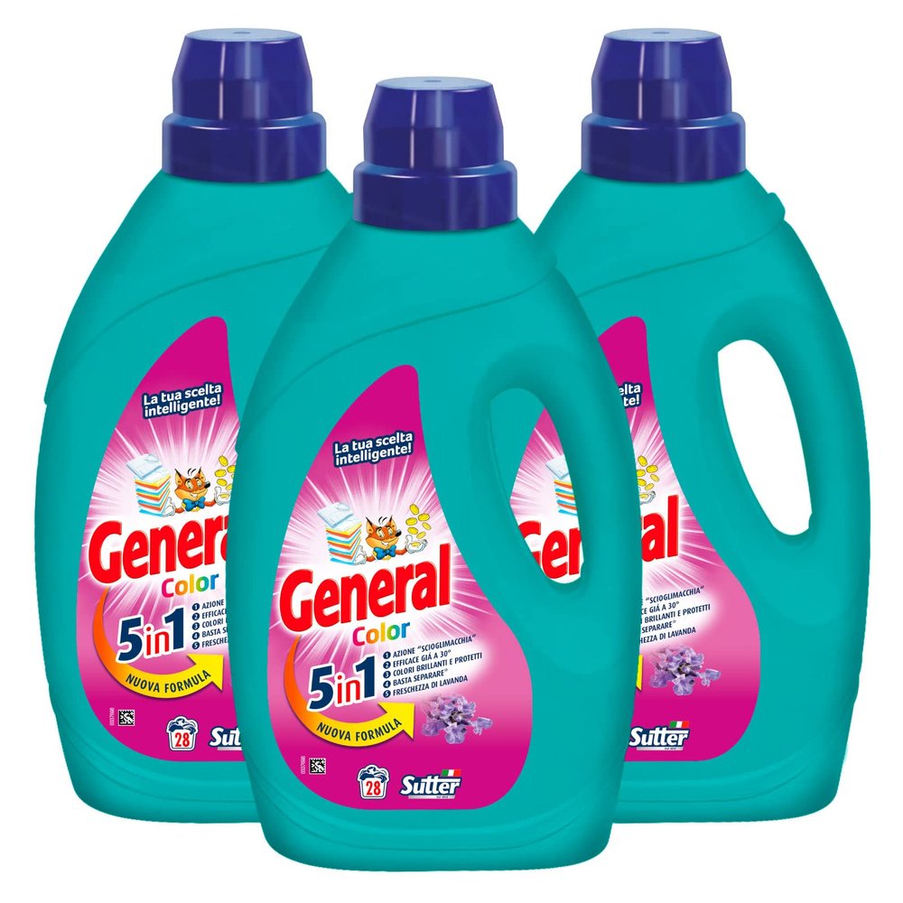 3 x General Color 5-in-1 Liquid Detergent for Washing Machine 28 Washes - 3 Bottles of 1.26 Litres Each