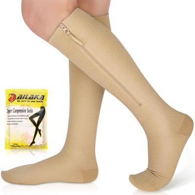 Ailaka Zipper Compression Socks Medical, 15-20 mmHg Knee High Compression Socks for Men Women, Close Toe Support Socks for Varicose Veins, Edema, Recovery, Pregnant, Nurse (Beige, 3XL)