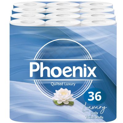 Phoenix Brand Soft Luxury Toilet Rolls, Bulk Buy, Quilted White 3 Ply Toilet Paper (36)