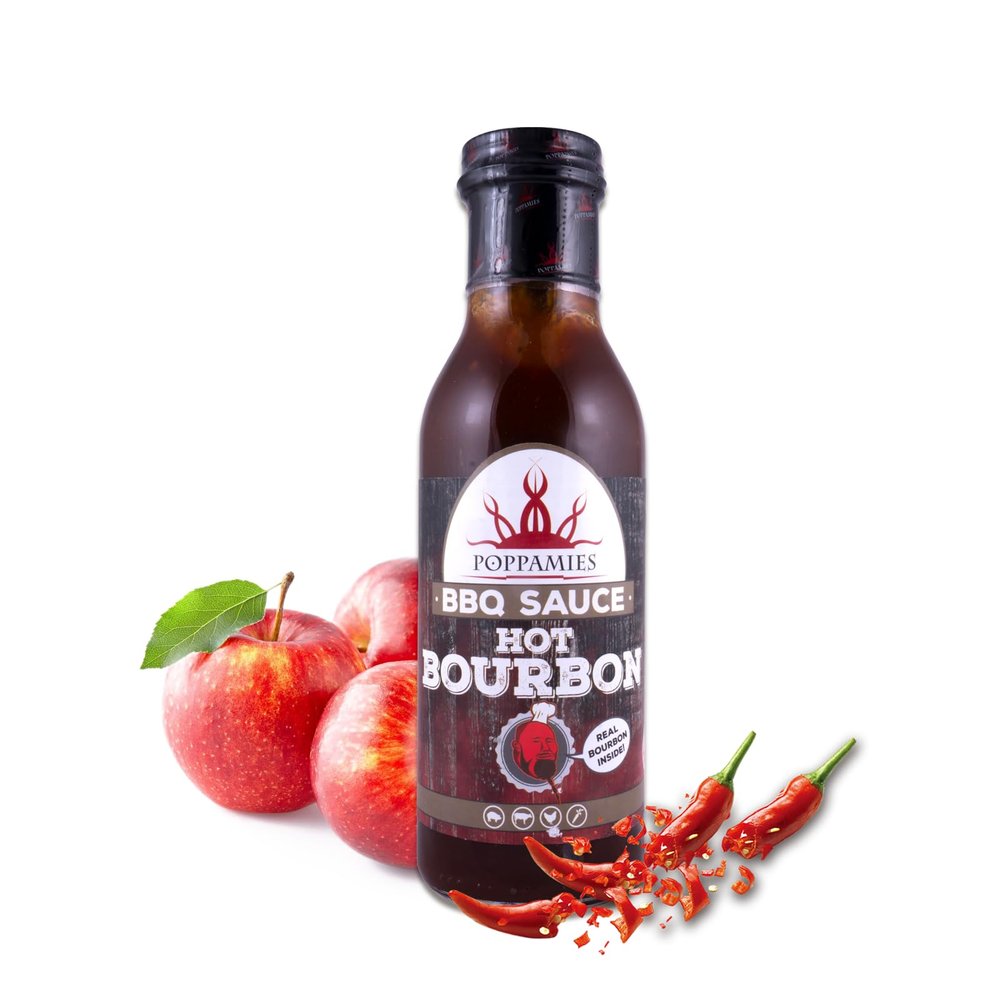 Poppamies BBQ Sauce Hot Bourbon - Well-suited for grilled food and burgers and for use as a dip and cooking sauce - Spiciness 6/10-410g
