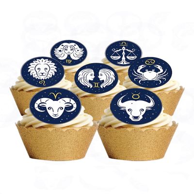 24 Precut Round Star Signs Horoscope Edible Wafer paper Cake Cupcake Toppers
