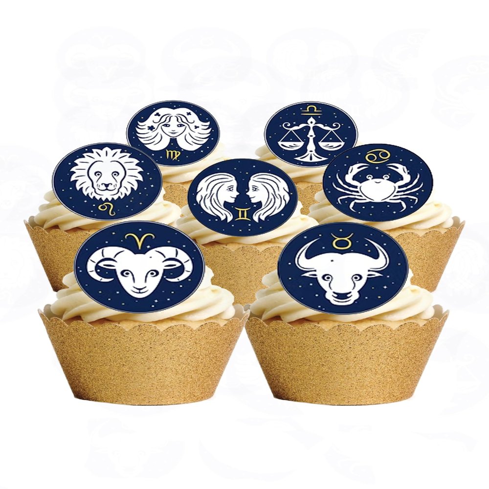 24 Precut Round Star Signs Horoscope Edible Wafer paper Cake Cupcake Toppers