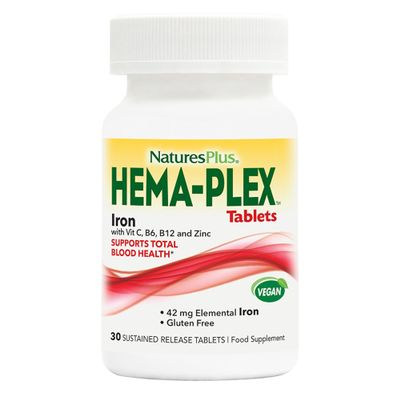 NaturesPlus Hema Plex - Gentle Iron Supplement with Vitamin C, Methyl B12, Folate - Blood Health, Immune Support, Energy - Vegan, Gluten Free - 30 Tablets