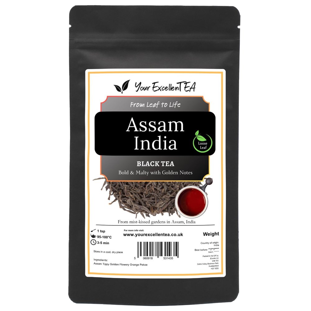 Assam India Tea Loose Leaf Black Tea (500g) Tippy Golden Flowery Orange Pekoe Pure Natural Dried Leaves Full-Bodied Aromatic Perfect for a Morning Relaxation Hot Iced or Cold Brew, Resealable Pouch
