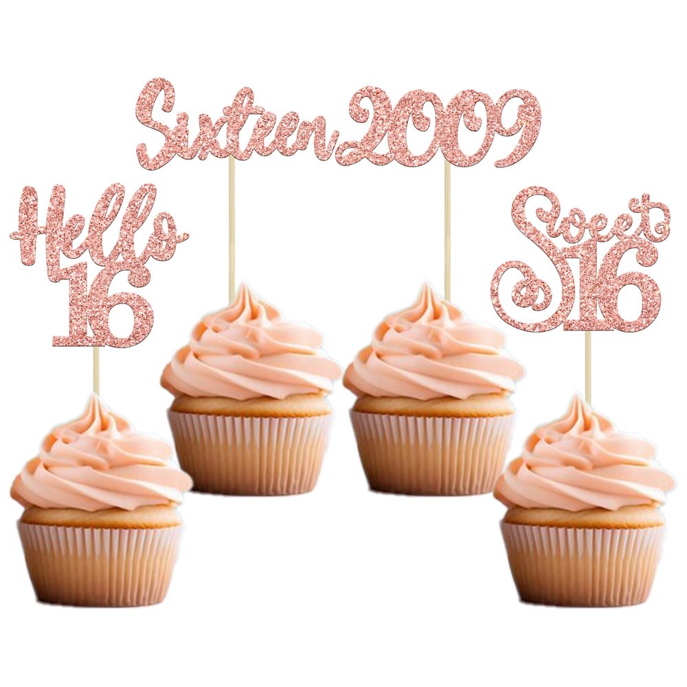 Gyufise 24pcs 16th Birthday Cupcake Toppers - Rose Gold Glitter Hello Sweet 16 Cake Decorations for Parties