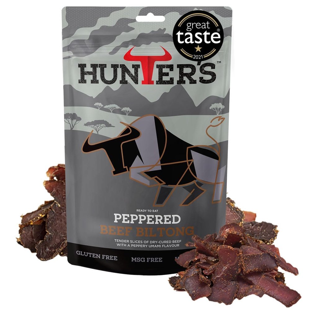 Hunters Biltong - Peppered Beef Biltong, 250g pack High Protein, low fat, Thin Tender Slices of authentic Beef Biltong, beef Jerky, Gluten & MSG Free, Convenient Snack
