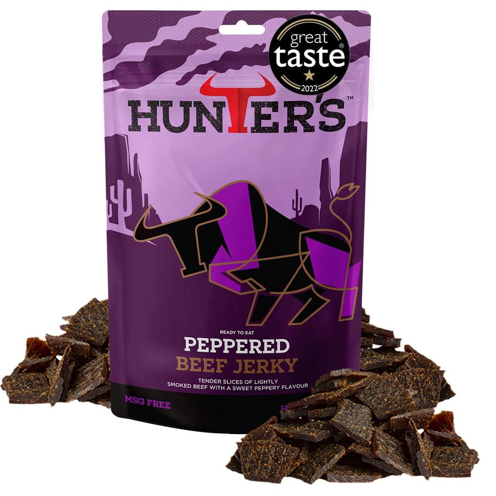 Hunters Peppered Beef Jerky, 250g pack Lightly Smoked Jerky, High Protein, MSG Free, Tender slices of Beef infused with freshly crushed peppercorns that warm the palate