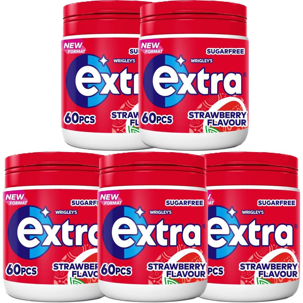 5 x 60 piece Tub Strawberry Flavour Chewing Gum Sugar Free Dental Oral Care