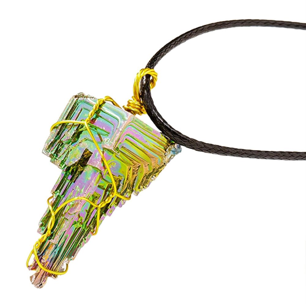 Gusengo 5 Pcs Healing Bismuth Crystal Necklaces,Natural Green Metal Crystals Necklaces - Colorful Pendant Crystal Stone with Leather Rope