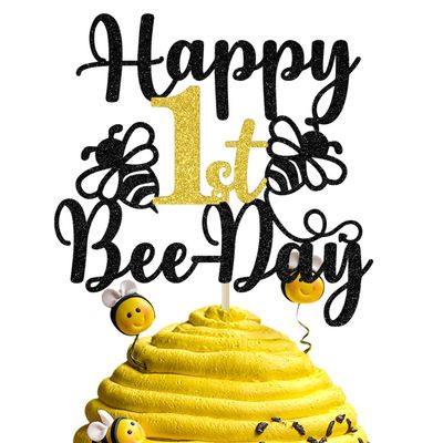 Gold Glitter Happy 1st Beeday Cake Topper, Bee One/Fun to Bee One, Bee Themed Baby's 1st Birthday/Baby Shower Party Decorations
