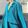 HYMCX Women's 2-Piece Clothing Set Casual Outfits Pleated Loungewear Set Pleated Shirt Trousers Set Long Sleeve Button Down Shirt High Waist Long Trousers (Color : Blue, Size : L) view 3