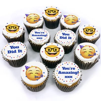 Congrats Emoji Cupcakes - 12 freshly baked cupcakes delivered to your door perfect for any celebration with these cool emojis. Delicious vanilla sponge cake with buttercream