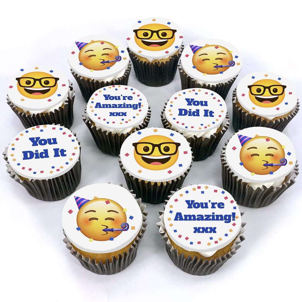 Congrats Emoji Cupcakes - 12 freshly baked cupcakes delivered to your door perfect for any celebration with these cool emojis. Delicious vanilla sponge cake with buttercream