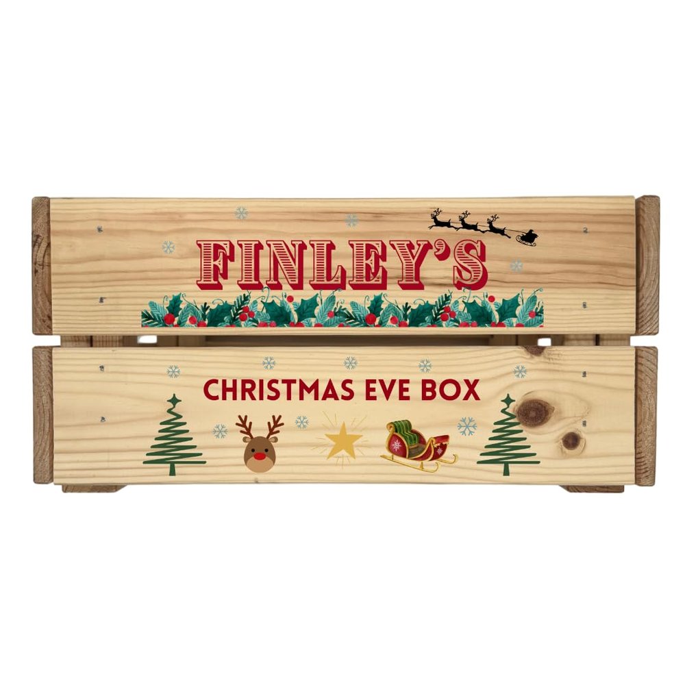 Second Ave Personalised Christmas Eve Holly Box Wooden Crate Xmas Santa Hamper Gift