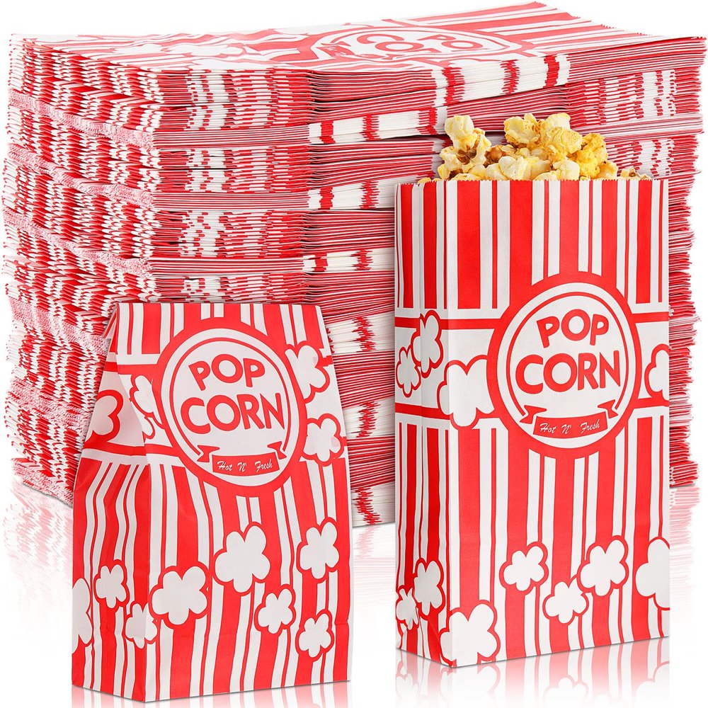 500 Pcs Paper Popcorn Bags Bulk 2 oz Large Flat Bottom Boxes Red and White Disposable Container Sleeve Movie Night Popcorn Bucket for Retro Movie Themed Party Carnival Supplies (Red and White)