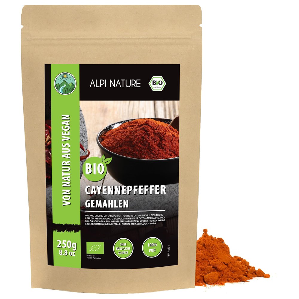 Alpi Nature Organic Cayenne Pepper Powder 250g 8.8 oz, Ground Cayenne Chilli Pepper, Hot Chilli Powder