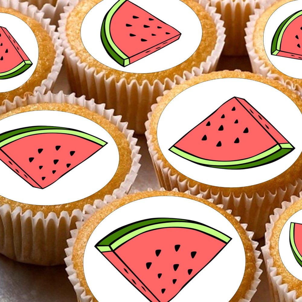 24 edible Watermelon childrens party decorations Iced/Icing Cupcake Topper Edible Fairy Cake Bun Toppers Round