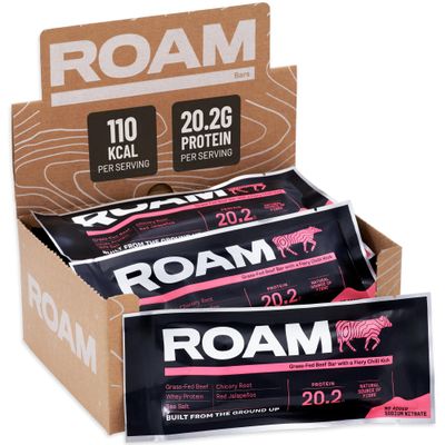 ROAM Natural Protein Bars, Meal Replacement Keto Bars, 12 x 45g Beef Bar & Healthy Snacks, Gluten Free Keto Sticks, High Protein Snacks (Jalapeo Chilli)