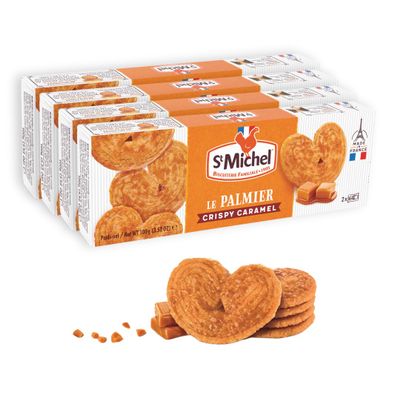 St Michel Caramel Palmiers Biscuits Made In France, pack of 4 (100g each) Non-GMO. Total of 48 Crunchy Caramel glazed Puff Pastry Butter Biscuits