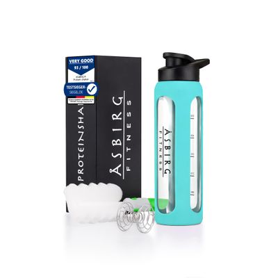 Asbirg Glass Protein Shaker Bottle 700ml Leakproof & BPA-Free Borosilicate Glass Gym Shaker with Spiral Mixing Ball for Smooth Protein Shakes, Smoothies, Meal Replacement & Fitness - Aqua Blue