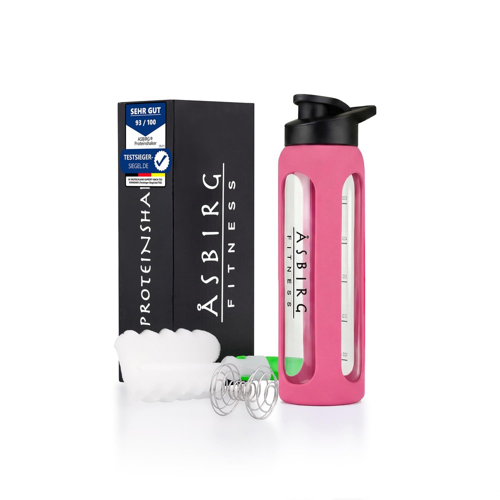 Asbirg Glass Protein Shaker Bottle 700ml  Leakproof & BPA-Free  Borosilicate Glass Gym Shaker with Spiral Mixing Ball for Smooth Protein Shakes, Smoothies, Meal Replacement & Fitness - Pink
