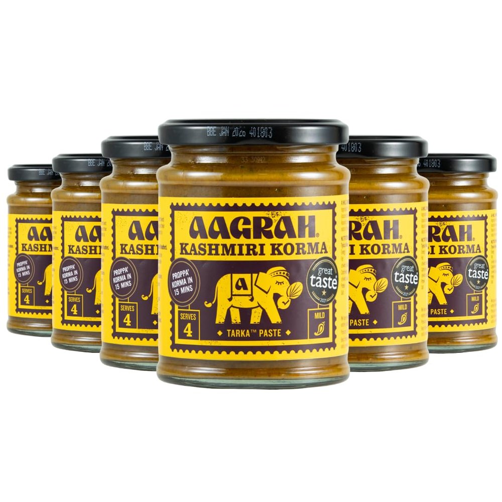Aagrah Kashmiri Korma Tarka Indian Curry Cooking Sauce - Authentic Restaurant Recipe Base - Mild - 270g Jar Serves 3-4 - Pack of 6