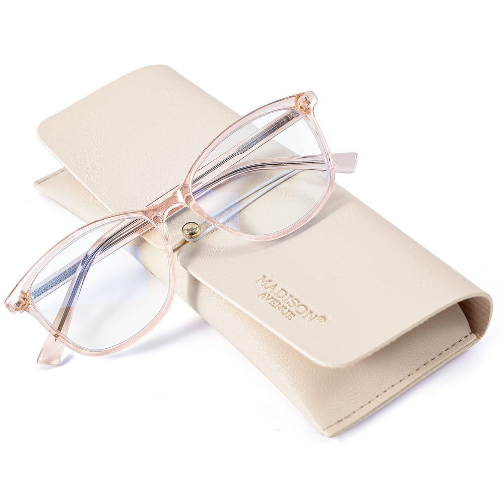Madison Avenue Square Vintage TR90 Blue Light Blocking Reading Glasses for Women with Case, Anti Glare/Eyestrain Computer Readers Transparent Brown 1.5