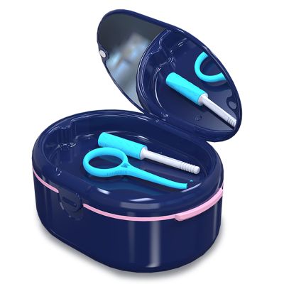 Dentures Case Denture Bath Cup Box Double Layer Dry and Wet Separation Portable False Teeth Container, Denture Cup with Lid for Cleaning Household Office Travel (Blue)