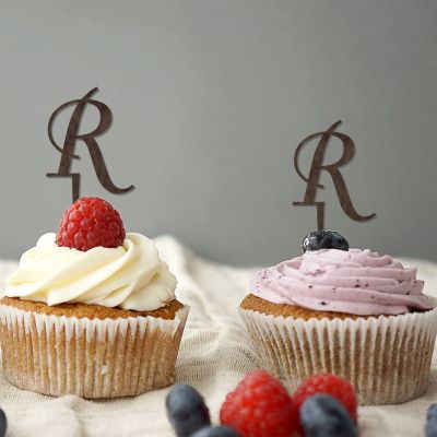Letter R Wedding Cupcake Toppers Monogram Initial Last Name Brown Wood For Wedding Engagement Cake Decorations Country Reusable Branches Leaf Personalized Any 26Letters Wedding Gifts 24PCS