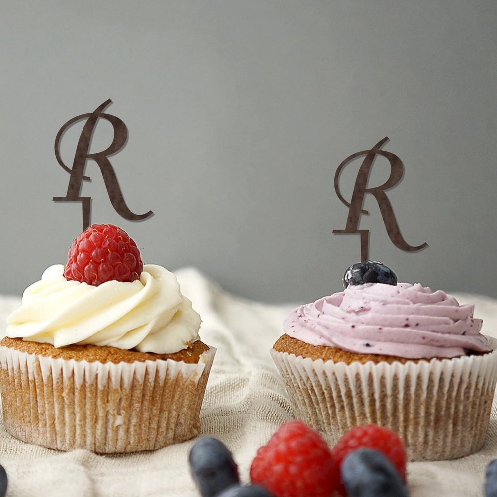 Letter R Wedding Cupcake Toppers Monogram Initial Last Name Brown Wood For Wedding Engagement Cake Decorations Country Reusable Branches Leaf Personalized Any 26Letters Wedding Gifts 24PCS