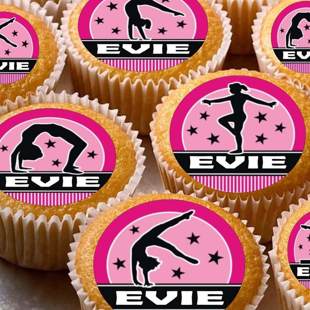 24 edible PRE CUT personalised pink gymnast gymnastics style kids childrens party decorations Wafer Paper Cupcake Fairy Cake Toppers
