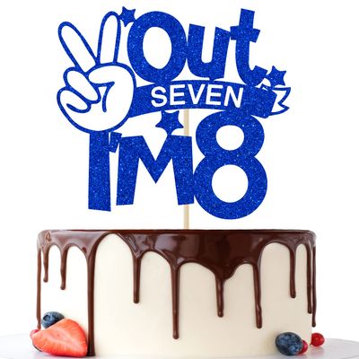 Out Seven I'm 8 Cake Topper, It's Great to Be 8, for Boys Girls 8th Birthday Decorations, Happy 8th Bithday Decorations Blue Glitter