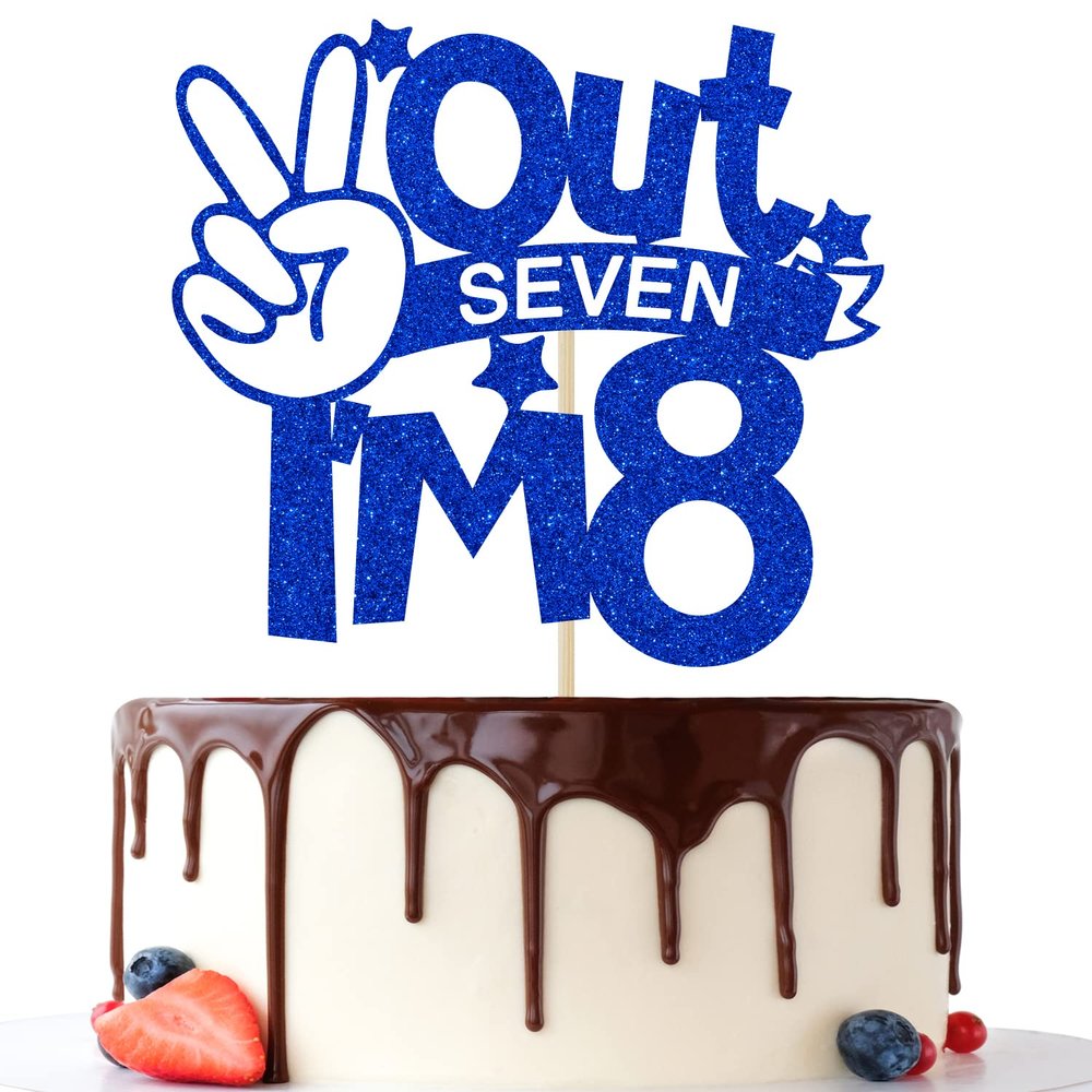 Out Seven I'm 8 Cake Topper, It's Great to Be 8, for Boys Girls 8th Birthday Decorations, Happy 8th Bithday Decorations Blue Glitter