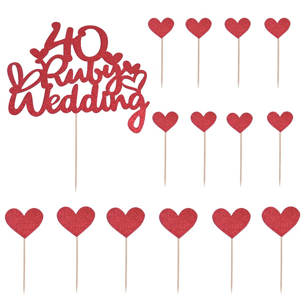 1 Pc 40th Anniversary Cake Toppers, Ruby Wedding Cake Toppers with 14Pcs Heart Cake Decorations Toppers Red 40th Wedding Anniversary Cake Decorations Glitter Cake Topper for Celebration Party Supplies